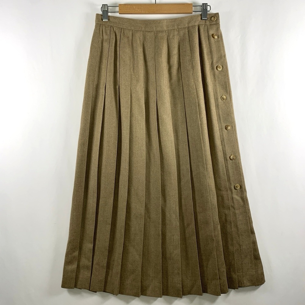 VTG Deadstock‎ Womens Wool Blend Pleated Midi Skirt Camel Old Money Full Button